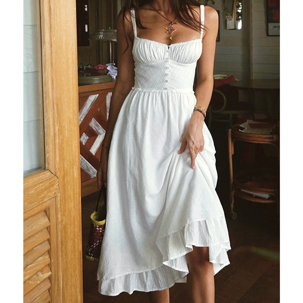 Commense White Lace Up Ruffle Hem Midi Dress L NWT